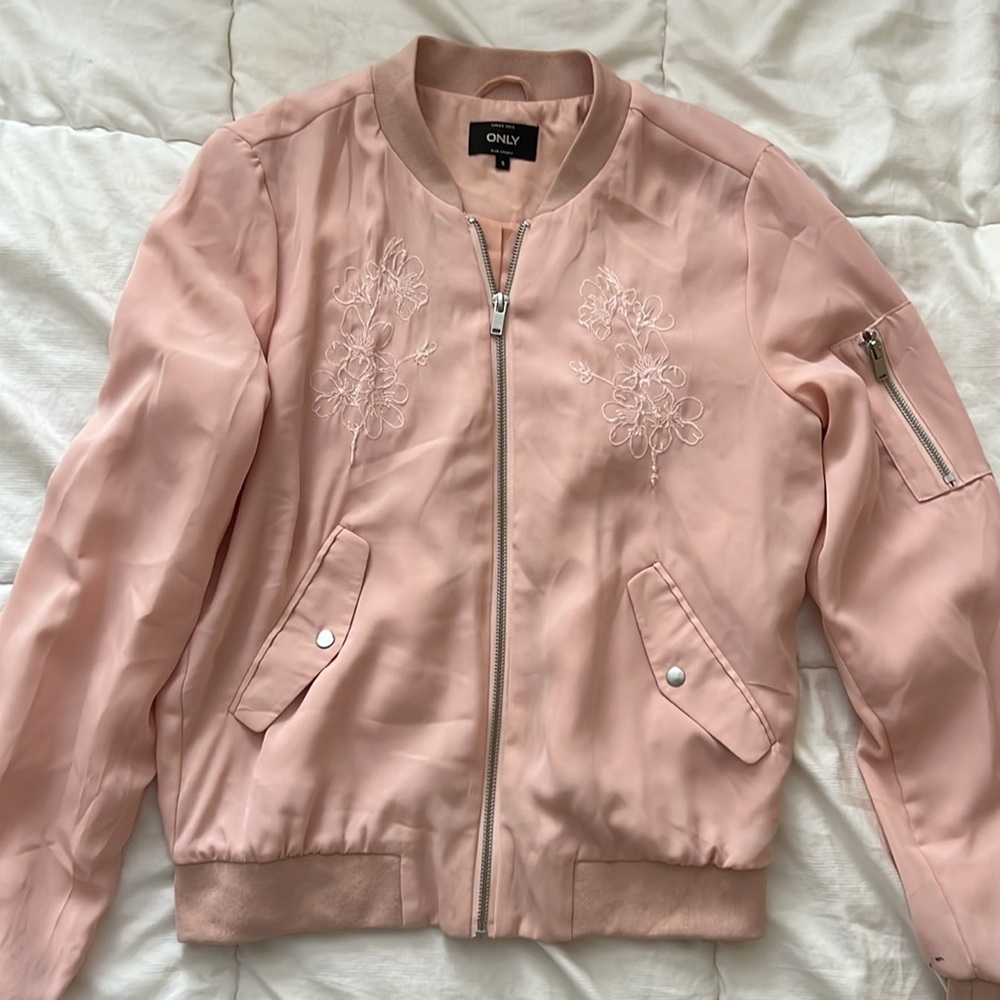 ONLY Light Pink Bomber Jacket with Embroidered Flowers